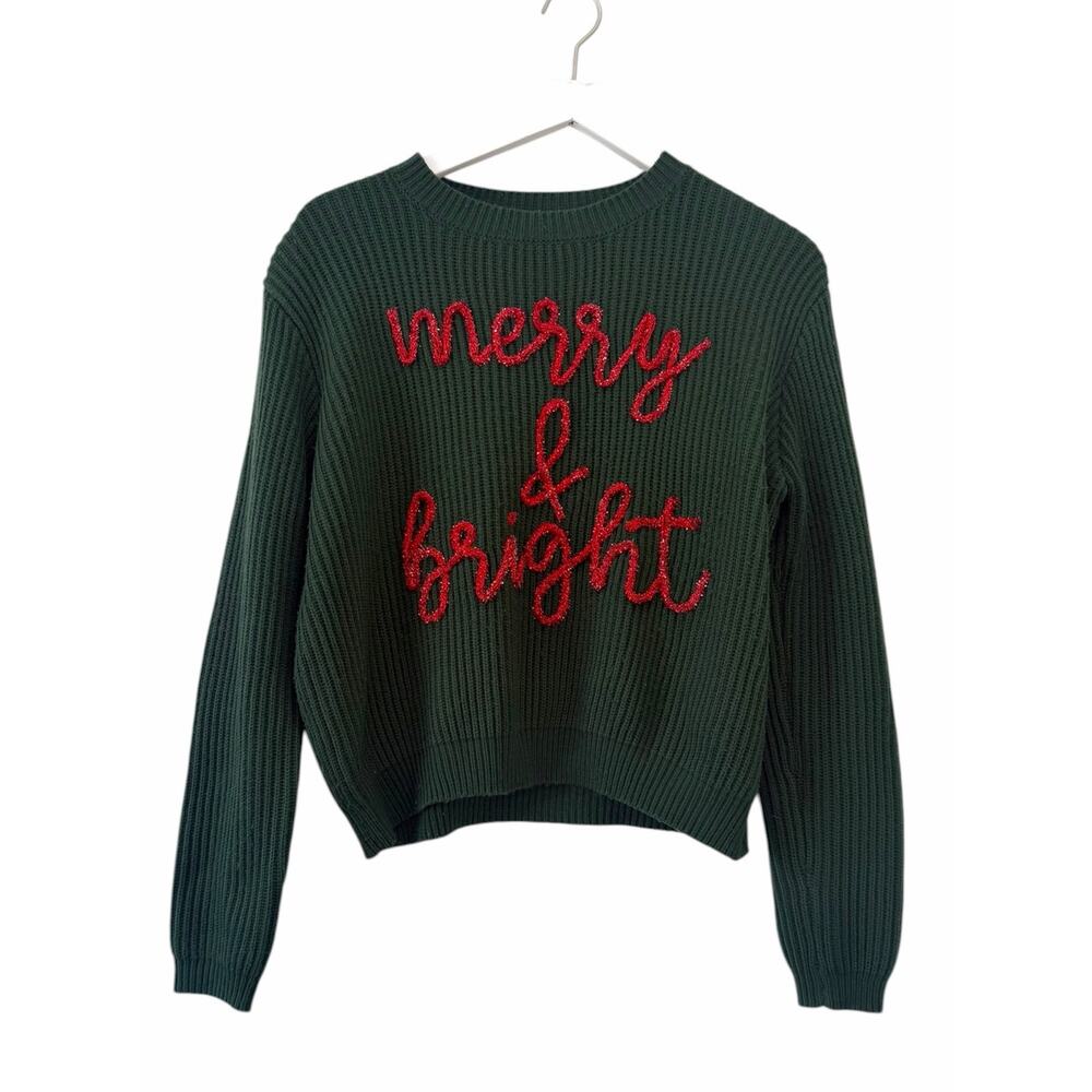 Queen of Sparkles Merry & Bright Christmas Sweater Green Size Large